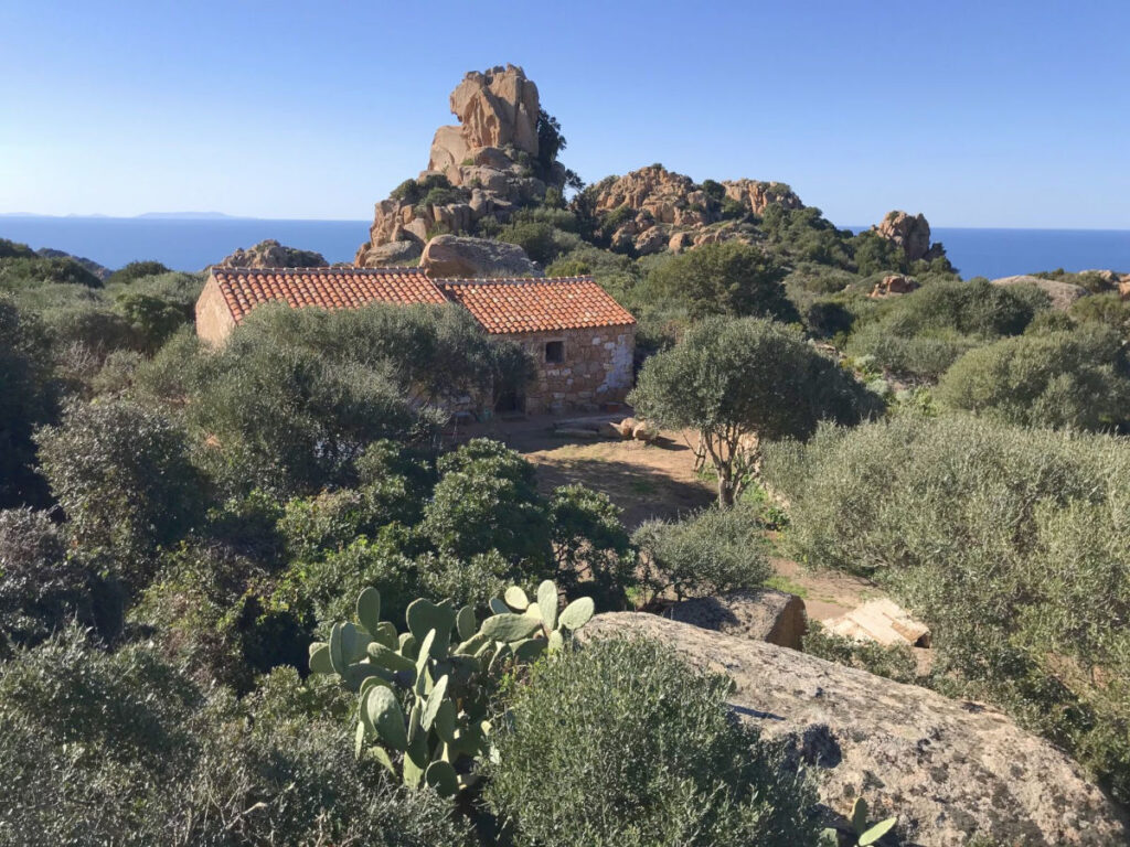 Landhaus eingebettet in Olivenbäume und Granitfelsen am Retreatplatz auf Sardinien.